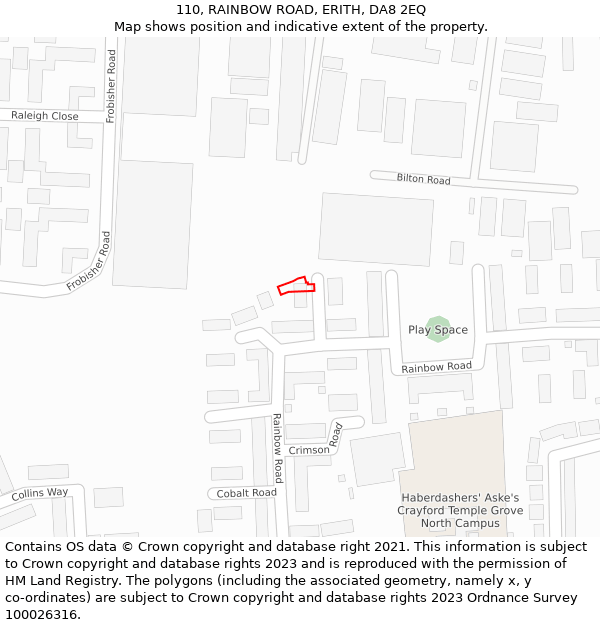 110, RAINBOW ROAD, ERITH, DA8 2EQ: Location map and indicative extent of plot