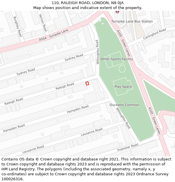 110, RALEIGH ROAD, LONDON, N8 0JA: Location map and indicative extent of plot
