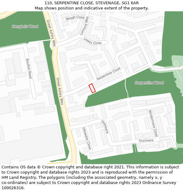 110, SERPENTINE CLOSE, STEVENAGE, SG1 6AR: Location map and indicative extent of plot