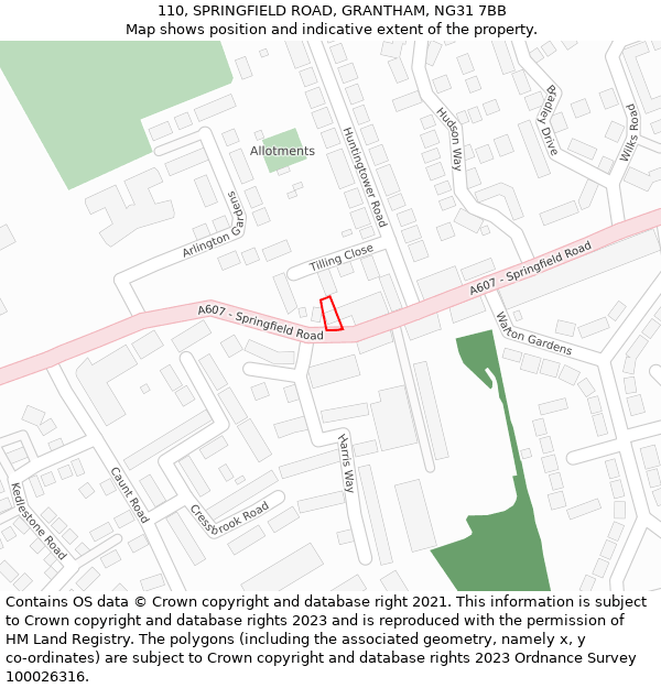 110, SPRINGFIELD ROAD, GRANTHAM, NG31 7BB: Location map and indicative extent of plot