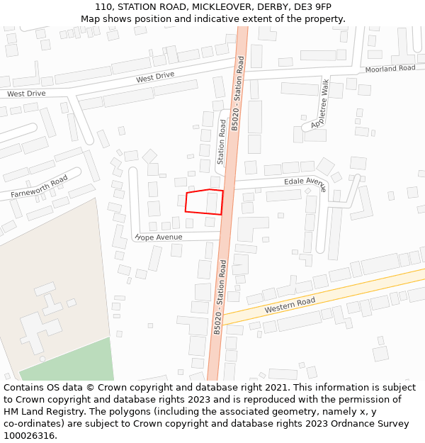 110, STATION ROAD, MICKLEOVER, DERBY, DE3 9FP: Location map and indicative extent of plot