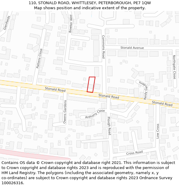 110, STONALD ROAD, WHITTLESEY, PETERBOROUGH, PE7 1QW: Location map and indicative extent of plot