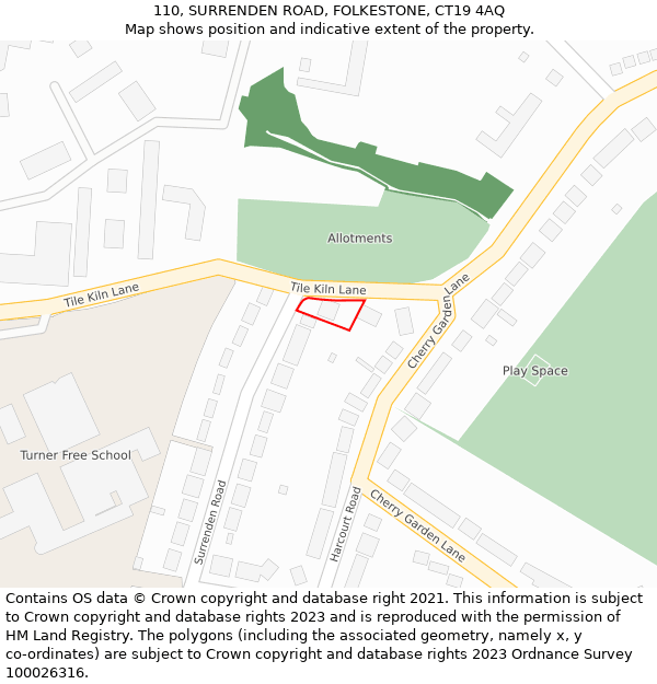 110, SURRENDEN ROAD, FOLKESTONE, CT19 4AQ: Location map and indicative extent of plot