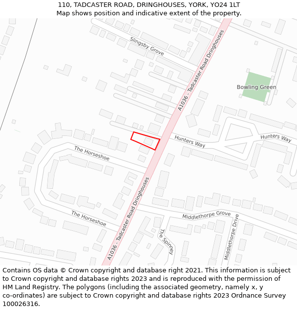 110, TADCASTER ROAD, DRINGHOUSES, YORK, YO24 1LT: Location map and indicative extent of plot