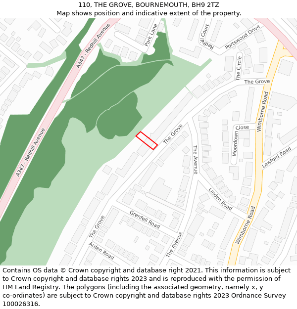 110, THE GROVE, BOURNEMOUTH, BH9 2TZ: Location map and indicative extent of plot