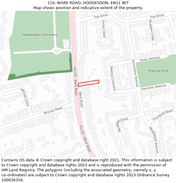 110, WARE ROAD, HODDESDON, EN11 9ET: Location map and indicative extent of plot