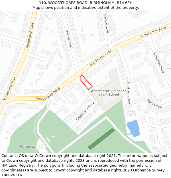 110, WOODTHORPE ROAD, BIRMINGHAM, B14 6EH: Location map and indicative extent of plot