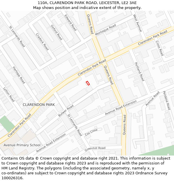 110A, CLARENDON PARK ROAD, LEICESTER, LE2 3AE: Location map and indicative extent of plot