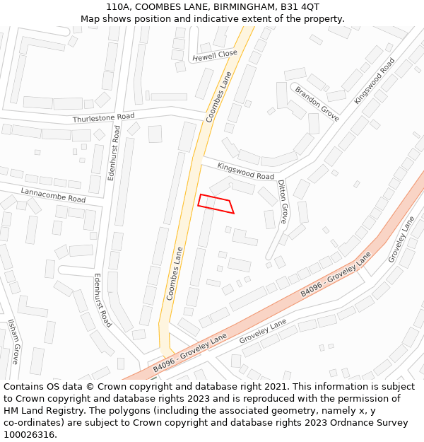 110A, COOMBES LANE, BIRMINGHAM, B31 4QT: Location map and indicative extent of plot