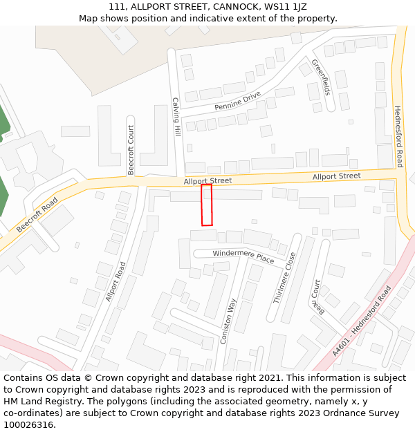 111, ALLPORT STREET, CANNOCK, WS11 1JZ: Location map and indicative extent of plot