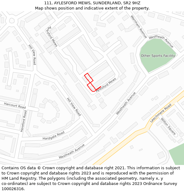111, AYLESFORD MEWS, SUNDERLAND, SR2 9HZ: Location map and indicative extent of plot