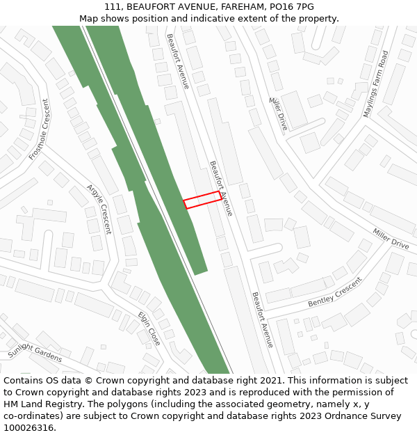 111, BEAUFORT AVENUE, FAREHAM, PO16 7PG: Location map and indicative extent of plot