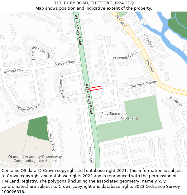 111, BURY ROAD, THETFORD, IP24 3DQ: Location map and indicative extent of plot