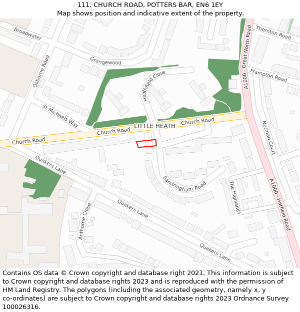 111, CHURCH ROAD, POTTERS BAR, EN6 1EY: Location map and indicative extent of plot