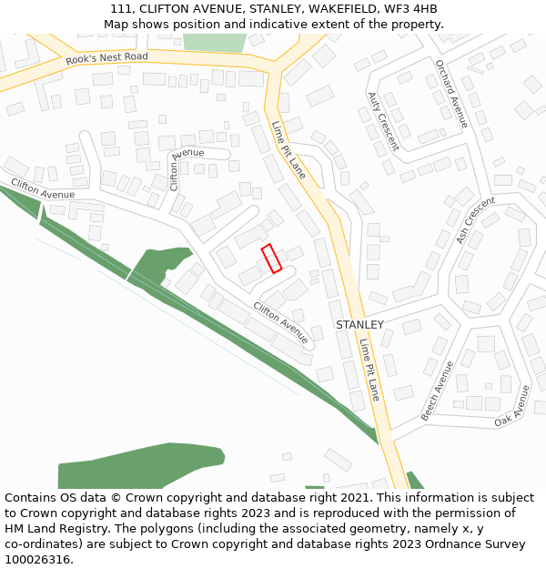 111, CLIFTON AVENUE, STANLEY, WAKEFIELD, WF3 4HB: Location map and indicative extent of plot