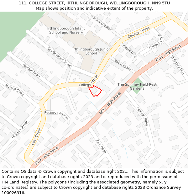 111, COLLEGE STREET, IRTHLINGBOROUGH, WELLINGBOROUGH, NN9 5TU: Location map and indicative extent of plot