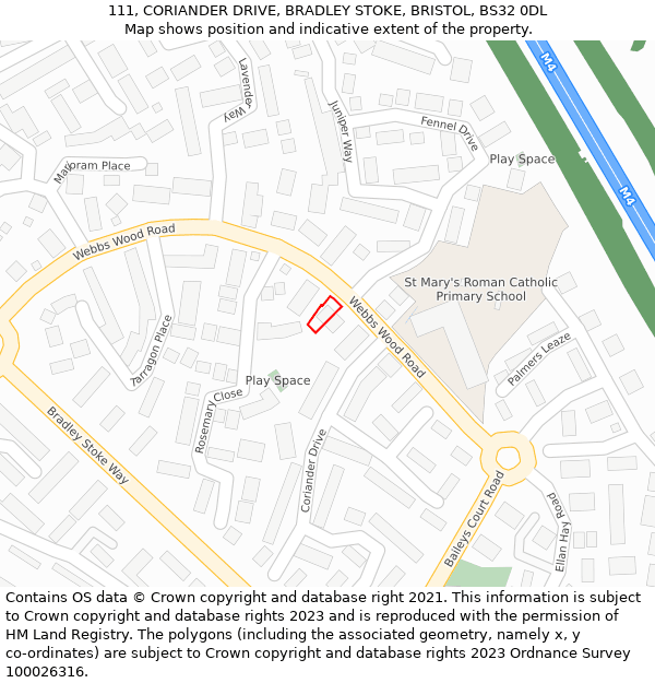 111, CORIANDER DRIVE, BRADLEY STOKE, BRISTOL, BS32 0DL: Location map and indicative extent of plot