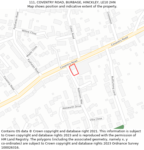 111, COVENTRY ROAD, BURBAGE, HINCKLEY, LE10 2HN: Location map and indicative extent of plot