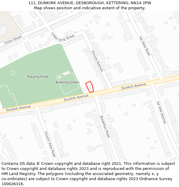 111, DUNKIRK AVENUE, DESBOROUGH, KETTERING, NN14 2PW: Location map and indicative extent of plot