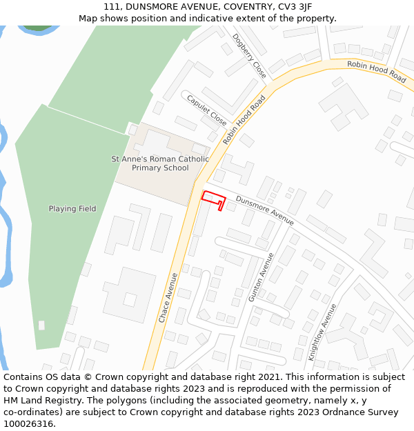 111, DUNSMORE AVENUE, COVENTRY, CV3 3JF: Location map and indicative extent of plot