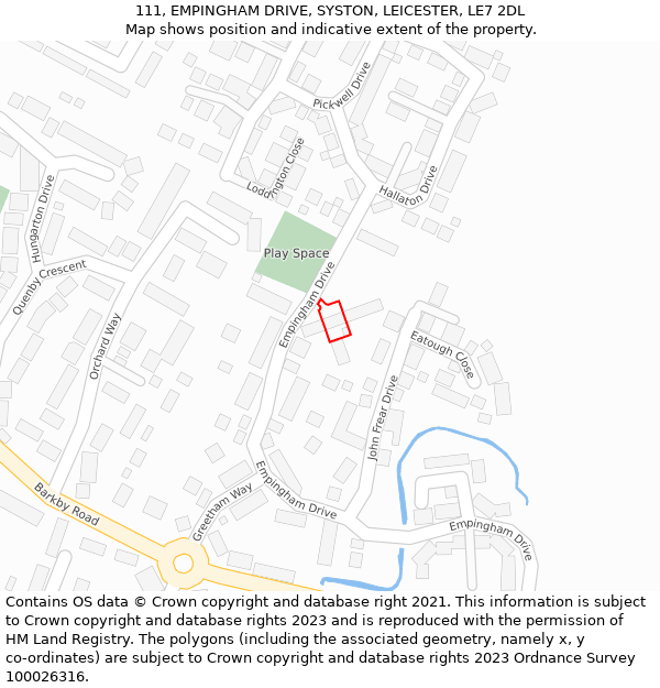 111, EMPINGHAM DRIVE, SYSTON, LEICESTER, LE7 2DL: Location map and indicative extent of plot