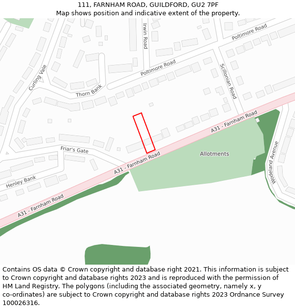 111, FARNHAM ROAD, GUILDFORD, GU2 7PF: Location map and indicative extent of plot