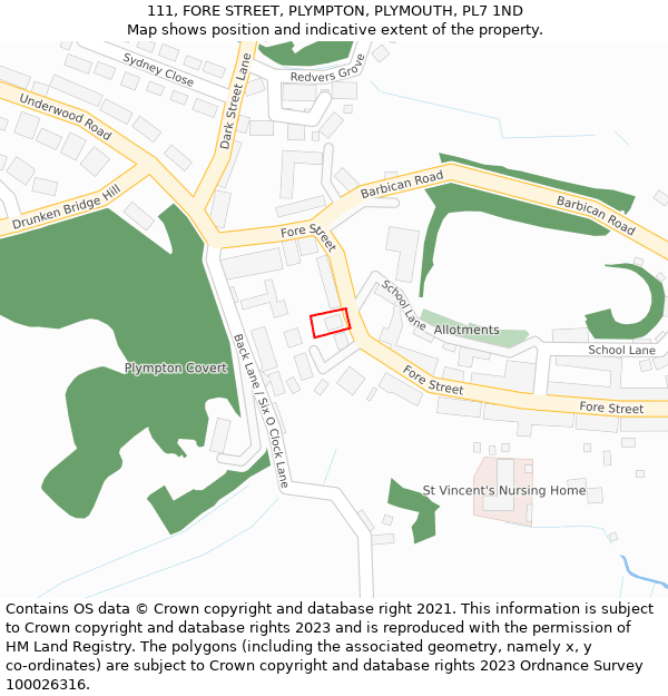 111, FORE STREET, PLYMPTON, PLYMOUTH, PL7 1ND: Location map and indicative extent of plot