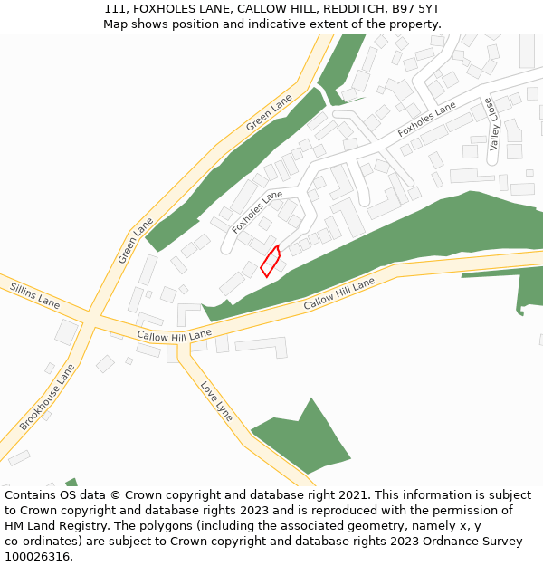 111, FOXHOLES LANE, CALLOW HILL, REDDITCH, B97 5YT: Location map and indicative extent of plot