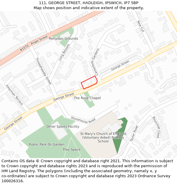 111, GEORGE STREET, HADLEIGH, IPSWICH, IP7 5BP: Location map and indicative extent of plot