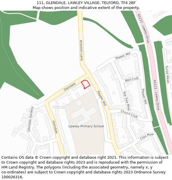 111, GLENDALE, LAWLEY VILLAGE, TELFORD, TF4 2BF: Location map and indicative extent of plot