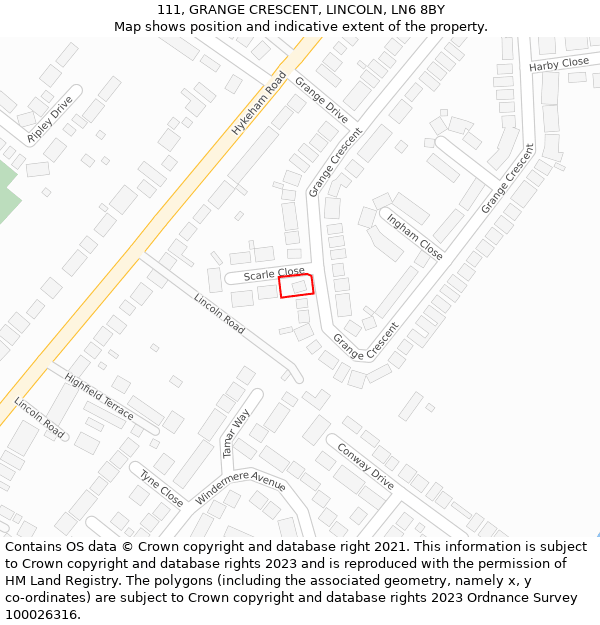 111, GRANGE CRESCENT, LINCOLN, LN6 8BY: Location map and indicative extent of plot