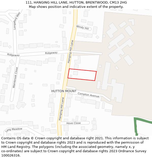 111, HANGING HILL LANE, HUTTON, BRENTWOOD, CM13 2HG: Location map and indicative extent of plot