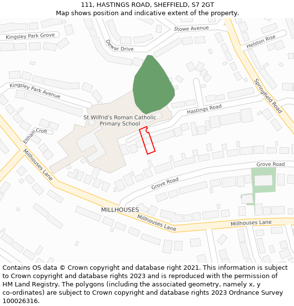111, HASTINGS ROAD, SHEFFIELD, S7 2GT: Location map and indicative extent of plot