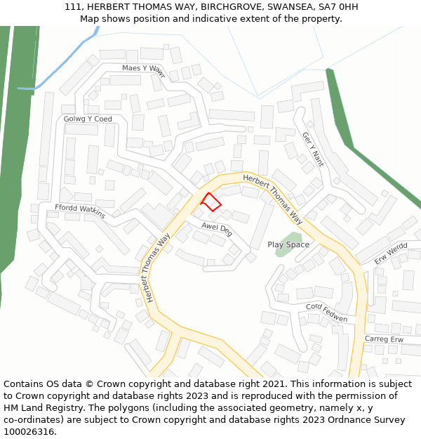 111, HERBERT THOMAS WAY, BIRCHGROVE, SWANSEA, SA7 0HH: Location map and indicative extent of plot