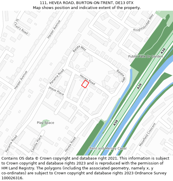 111, HEVEA ROAD, BURTON-ON-TRENT, DE13 0TX: Location map and indicative extent of plot