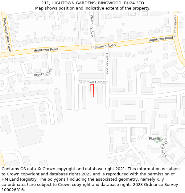 111, HIGHTOWN GARDENS, RINGWOOD, BH24 3EQ: Location map and indicative extent of plot