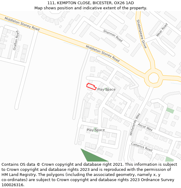 111, KEMPTON CLOSE, BICESTER, OX26 1AD: Location map and indicative extent of plot