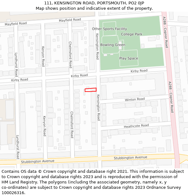 111, KENSINGTON ROAD, PORTSMOUTH, PO2 0JP: Location map and indicative extent of plot