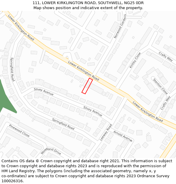 111, LOWER KIRKLINGTON ROAD, SOUTHWELL, NG25 0DR: Location map and indicative extent of plot