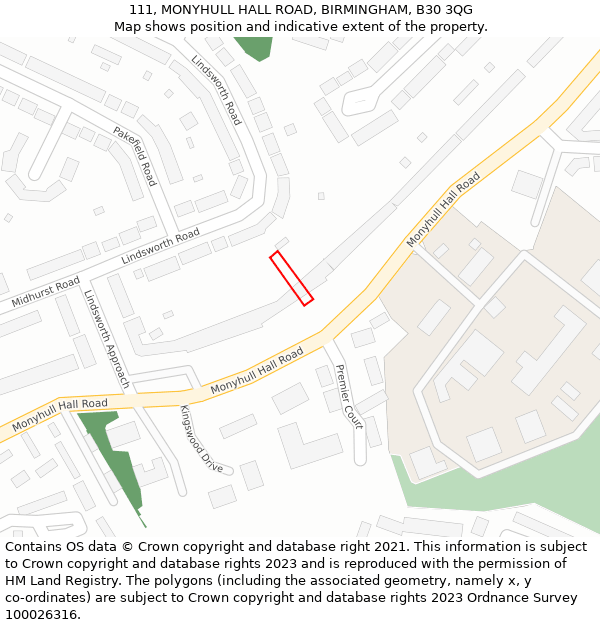 111, MONYHULL HALL ROAD, BIRMINGHAM, B30 3QG: Location map and indicative extent of plot