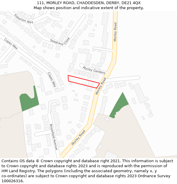 111, MORLEY ROAD, CHADDESDEN, DERBY, DE21 4QX: Location map and indicative extent of plot