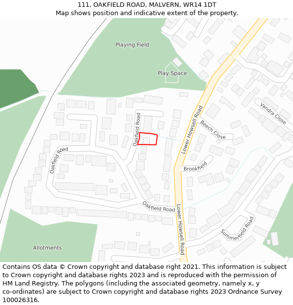 111, OAKFIELD ROAD, MALVERN, WR14 1DT: Location map and indicative extent of plot