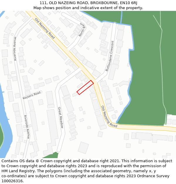 111, OLD NAZEING ROAD, BROXBOURNE, EN10 6RJ: Location map and indicative extent of plot