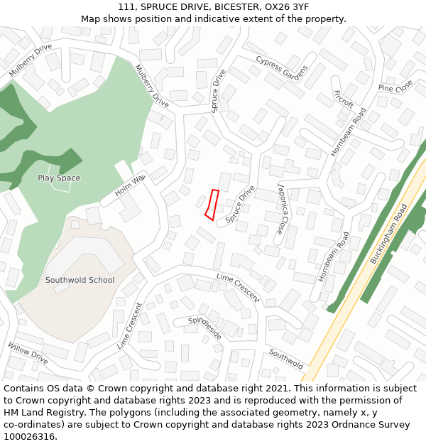 111, SPRUCE DRIVE, BICESTER, OX26 3YF: Location map and indicative extent of plot