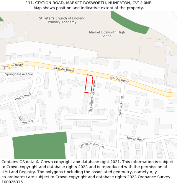 111, STATION ROAD, MARKET BOSWORTH, NUNEATON, CV13 0NR: Location map and indicative extent of plot