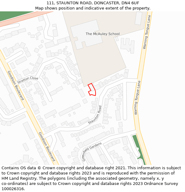 111, STAUNTON ROAD, DONCASTER, DN4 6UF: Location map and indicative extent of plot
