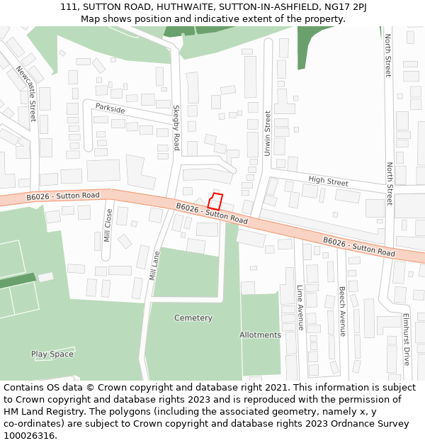 111, SUTTON ROAD, HUTHWAITE, SUTTON-IN-ASHFIELD, NG17 2PJ: Location map and indicative extent of plot