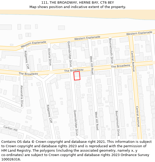 111, THE BROADWAY, HERNE BAY, CT6 8EY: Location map and indicative extent of plot