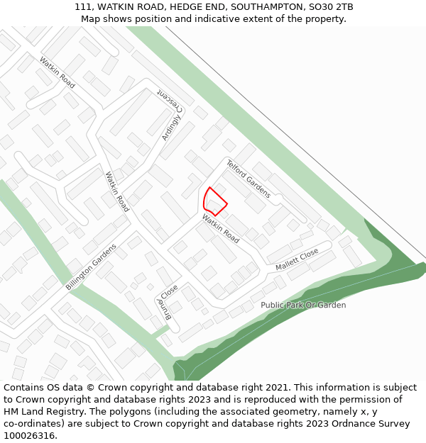 111, WATKIN ROAD, HEDGE END, SOUTHAMPTON, SO30 2TB: Location map and indicative extent of plot