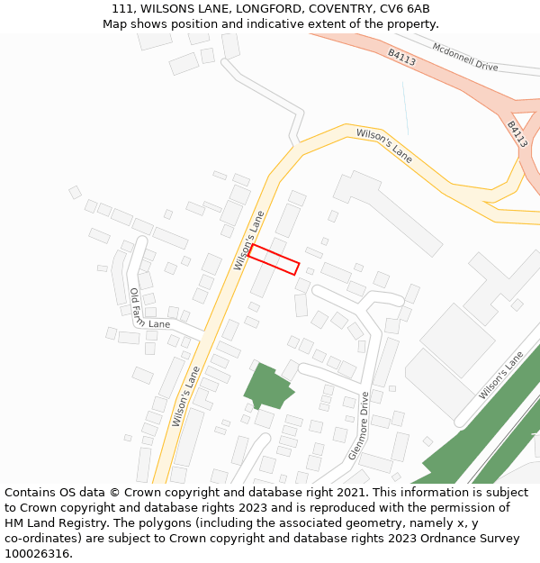 111, WILSONS LANE, LONGFORD, COVENTRY, CV6 6AB: Location map and indicative extent of plot